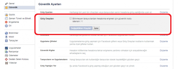 Facebook Giriş Onayları
