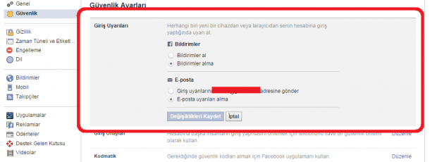Facebook Giriş Uyarıları
