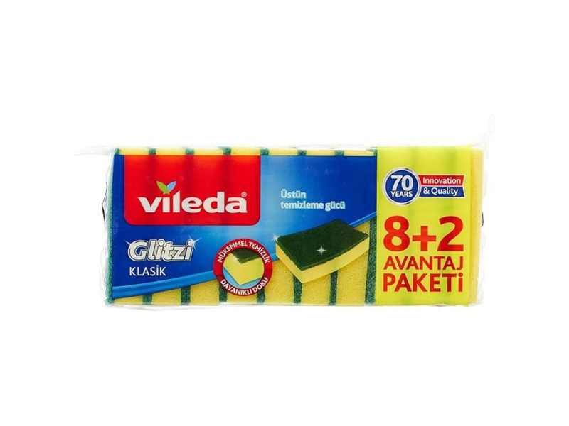 🛍️ Vileda 161919 Düz Hijyenik Bulaşık Süngeri, 8+2’li Promosyon Paket, Yeşil