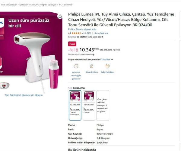Philips Lumea IPL Tüy Alma Cihazı, Çantalı, Yüz Temizleme Cihazı Hediyeli, Yüz/Vücut/Hassas Bölge Kullanımı, Cilt Tonu Sensörü ile Güvenli Epilasyon BRI924/00