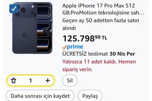Apple iPhone 17 Pro Max 512 GB:ProMotion teknolojisine sahip 6.9 inç ekran, A19 Pro Çip, Bir iPhone’da Şimdiye Kadarki En İyi Pil Ömrü, Pro Fusion Kamera Sistemi, Center Stage Ön Kamera;Abis – 125.798₺