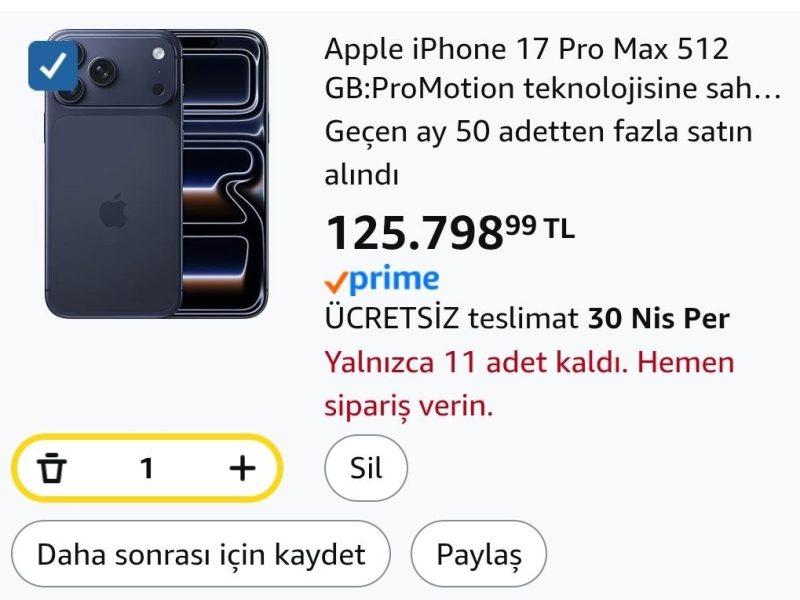 Apple iPhone 17 Pro Max 512 GB:ProMotion teknolojisine sahip 6.9 inç ekran, A19 Pro Çip, Bir iPhone’da Şimdiye Kadarki En İyi Pil Ömrü, Pro Fusion Kamera Sistemi, Center Stage Ön Kamera;Abis – 125.798₺