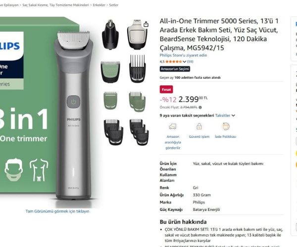 All-in-One Trimmer 5000 Series, 13’ü 1 Arada Erkek Bakım Seti, Yüz Saç Vücut, BeardSense Teknolojisi, 120 Dakika Çalışma, MG5942/15