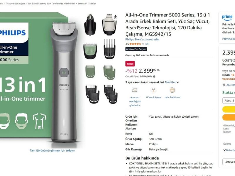 All-in-One Trimmer 5000 Series, 13’ü 1 Arada Erkek Bakım Seti, Yüz Saç Vücut, BeardSense Teknolojisi, 120 Dakika Çalışma, MG5942/15