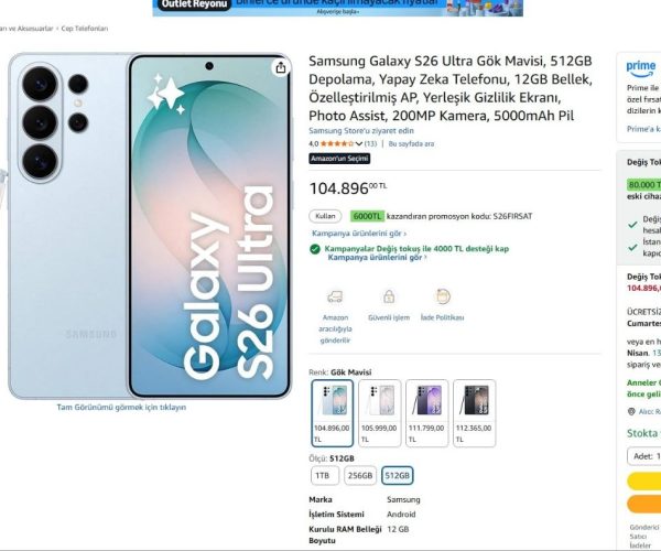 Samsung Galaxy S26 Ultra Gök Mavisi, 512GB Depolama, Yapay Zeka Telefonu, 12GB Bellek, Özelleştirilmiş AP, Yerleşik Gizlilik Ekranı, Photo Assist, 200MP Kamera, 5000mAh Pil — %93 İndirim