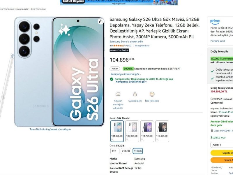 Samsung Galaxy S26 Ultra Gök Mavisi, 512GB Depolama, Yapay Zeka Telefonu, 12GB Bellek, Özelleştirilmiş AP, Yerleşik Gizlilik Ekranı, Photo Assist, 200MP Kamera, 5000mAh Pil — %93 İndirim