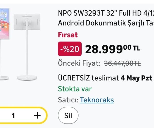 NPO SW3293T 32” Full HD 4/128GB Android Dokunmatik Şarjlı Taşınabilir Smart Led Ekran – 28.999₺