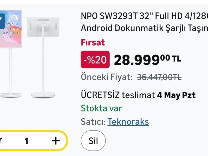 NPO SW3293T 32” Full HD 4/128GB Android Dokunmatik Şarjlı Taşınabilir Smart Led Ekran – 28.999₺