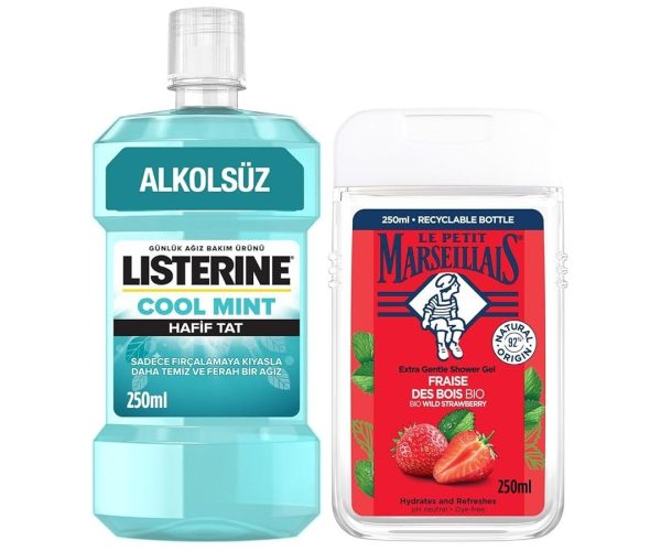 🛍️ Le Petit Marseillais Duş Jeli Akdeniz Çileği 250 ml + Listerine Cool Mint Ağız Bakım Suyu Hafif Tat 250 ml