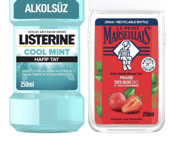 Le Petit Marseillais Duş Jeli Akdeniz Çileği 250 ml + Listerine Cool Mint Ağız Bakım Suyu Hafif Tat 250 ml