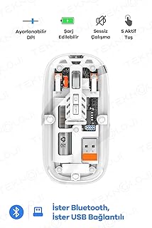 Bluetooth Usb Çift Modlu Sessiz Mouse, Şeffaf Mıknatıslı Kapaklı, Type-c Şarjlı, Dpı Ayarlı, Kablosuz 10m Çekim Mesafeli, Masaüstü Kısayol Tuşlu, Taşınabilir Şarjlı Mouse Beyaz