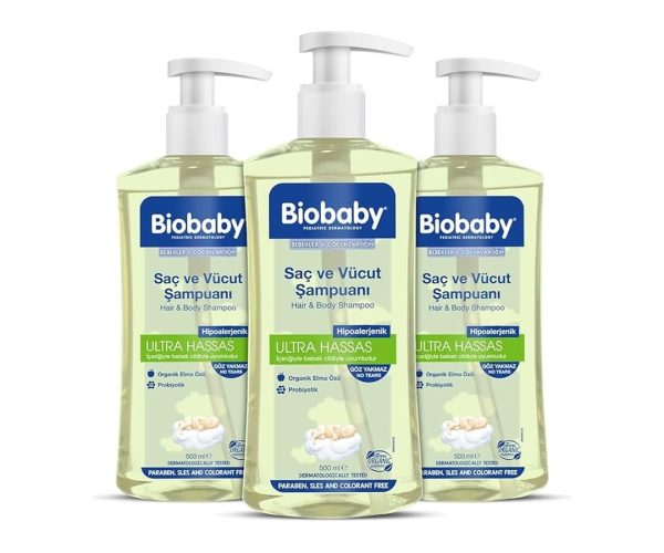 🛍️ Biobaby Ultra Hassas Bebek Şampuanı – Saç ve Vücut İçin, Prebiyotik & Alman Papatyası, Organik İçerikli, 3’lü Set (500 ml x 3)