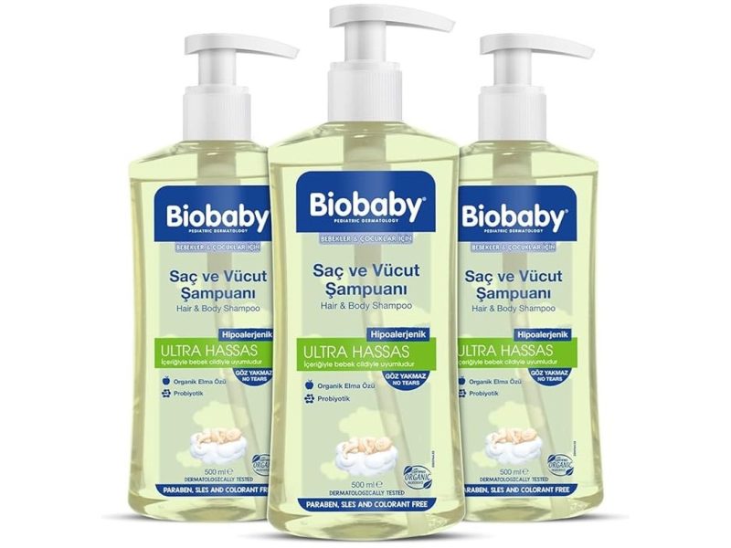 🛍️ Biobaby Ultra Hassas Bebek Şampuanı – Saç ve Vücut İçin, Prebiyotik & Alman Papatyası, Organik İçerikli, 3’lü Set (500 ml x 3)