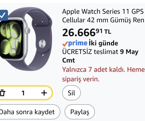 Apple Watch Series 11 GPS + Cellular 42 mm Gümüş Rengi Alüminyum Kasa Akıllı Saat ve Sis Moru Spor Kordon – M/L. Uyku Skoru, Fitness Takibi, Sağlık İzleme, Hep Açık Ekran