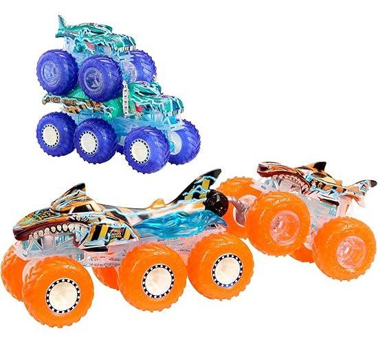 Hot Wheels Monster Trucks Toy Truck & Big Rig Multipack, 1:64 Ölçekli Mega-Wrex & Tiger Shark ile Eşleşen Power Smashers Deco