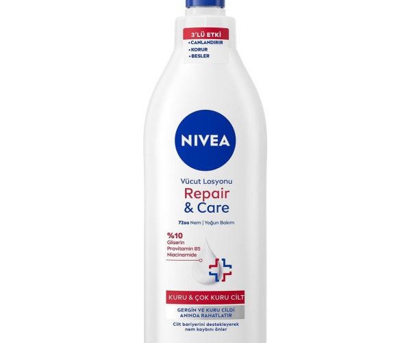 🛍️ NIVEA Yoğun Nemlendirici Repair & Care Vücut Losyonu 400ml, 72 Saat Nemlendirime, Kaşıntılı ve Hassas Ciltlere Özel, Onarıcı, Gliserin,Pro Vitamin B5,Niasinamid,Kuru Ciltler