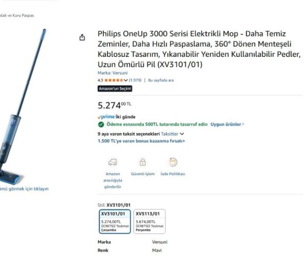 Philips OneUp 3000 Serisi Elektrikli Mop – Daha Temiz Zeminler, Daha Hızlı Paspaslama, 360° Dönen Menteşeli Kablosuz Tasarım, Yıkanabilir Yeniden Kullanılabilir Pedler, Uzun Ömürlü Pil (XV3101/01) — %88 İndirim