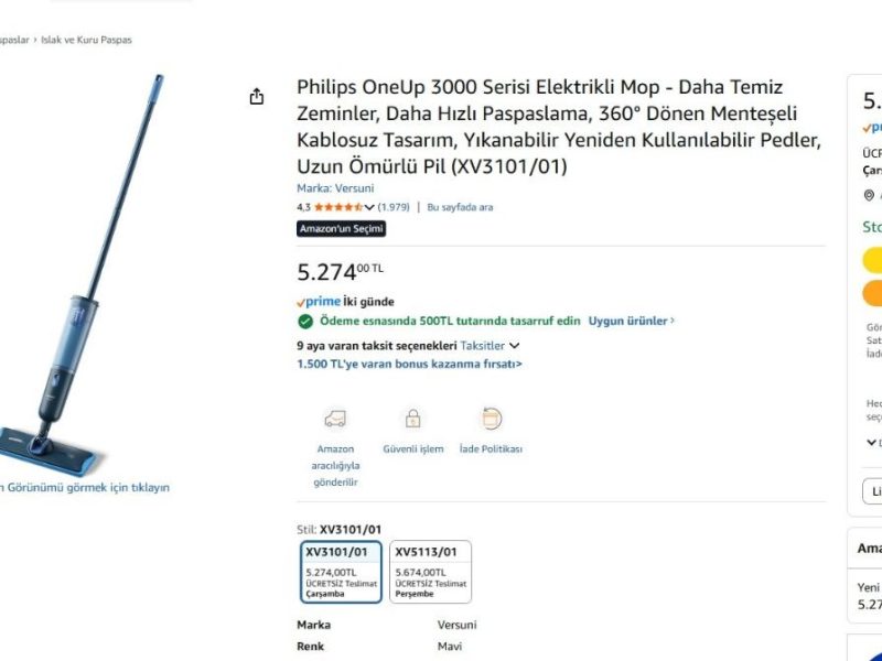 Philips OneUp 3000 Serisi Elektrikli Mop – Daha Temiz Zeminler, Daha Hızlı Paspaslama, 360° Dönen Menteşeli Kablosuz Tasarım, Yıkanabilir Yeniden Kullanılabilir Pedler, Uzun Ömürlü Pil (XV3101/01) — %88 İndirim
