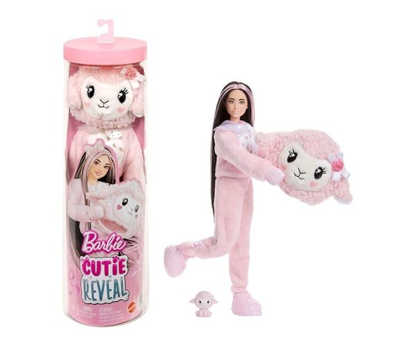🛍️ Barbie Cutie Reveal bebek ve aksesuarları, Yumuşak Dostlar Serisi kuzucuk, renk değişimi ve mini evcil hayvan dahil 10 sürpriz, JJP66