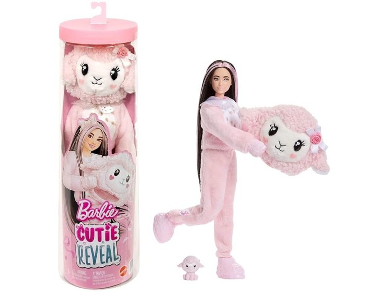 🛍️ Barbie Cutie Reveal bebek ve aksesuarları, Yumuşak Dostlar Serisi kuzucuk, renk değişimi ve mini evcil hayvan dahil 10 sürpriz, JJP66