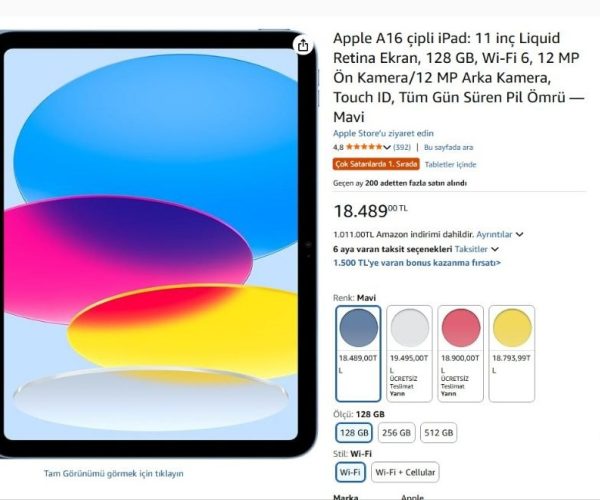Apple A16 çipli iPad: 11 inç Liquid Retina Ekran, 128 GB, Wi-Fi 6, 12 MP Ön Kamera/12 MP Arka Kamera, Touch ID, Tüm Gün Süren Pil Ömrü — Mavi