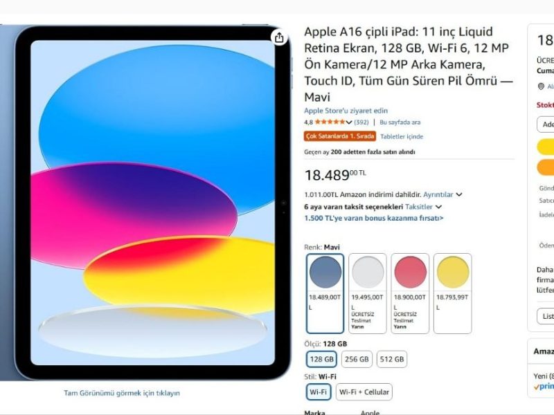 Apple A16 çipli iPad: 11 inç Liquid Retina Ekran, 128 GB, Wi-Fi 6, 12 MP Ön Kamera/12 MP Arka Kamera, Touch ID, Tüm Gün Süren Pil Ömrü — Mavi