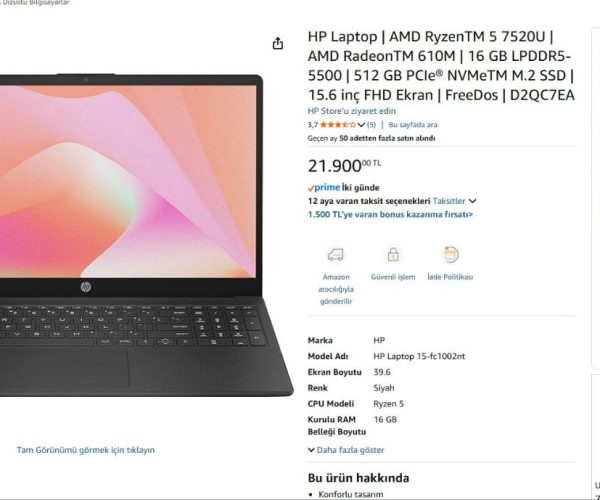 HP Laptop | AMD RyzenTM 5 7520U | AMD RadeonTM 610M | 16 GB LPDDR5-5500 | 512 GB PCIe® NVMeTM M.2 SSD | 15.6 inç FHD Ekran | FreeDos | D2QC7EA