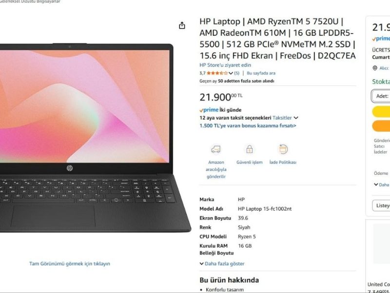 HP Laptop | AMD RyzenTM 5 7520U | AMD RadeonTM 610M | 16 GB LPDDR5-5500 | 512 GB PCIe® NVMeTM M.2 SSD | 15.6 inç FHD Ekran | FreeDos | D2QC7EA