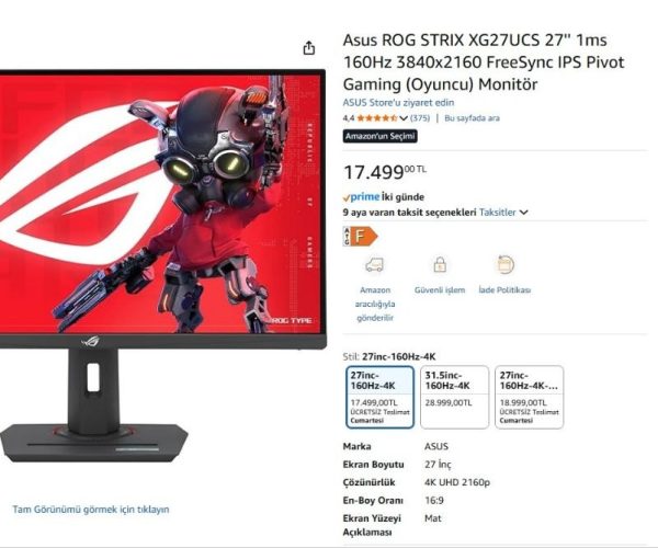 Asus ROG STRIX XG27UCS 27” 1ms 160Hz 3840×2160 FreeSync IPS Pivot Gaming (Oyuncu) Monitör