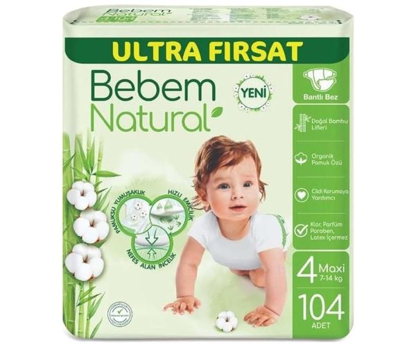 🛍️ Bebem Natural 4 numara Maxi 104 adet Bebek Bezi