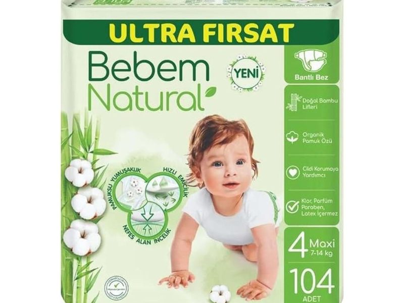 🛍️ Bebem Natural 4 numara Maxi 104 adet Bebek Bezi