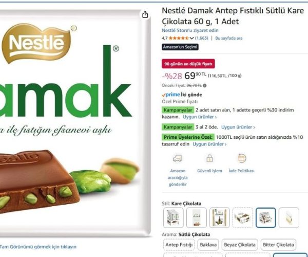 Nestlé Damak Antep Fıstıklı Sütlü Kare Çikolata 60 g, 1 Adet