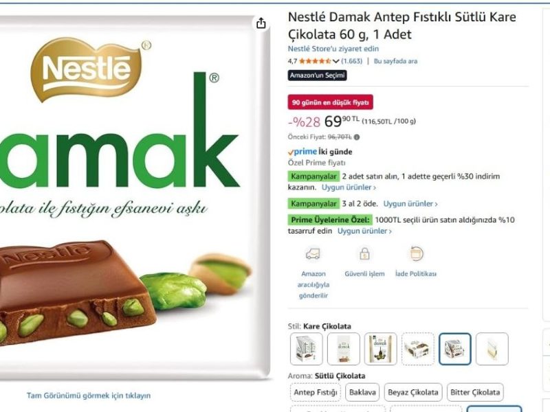 Nestlé Damak Antep Fıstıklı Sütlü Kare Çikolata 60 g, 1 Adet