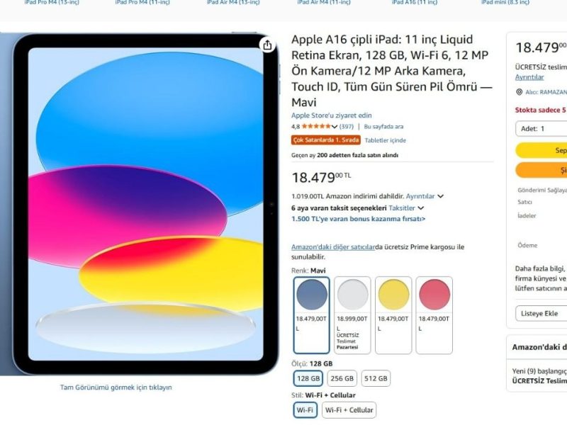 Apple A16 çipli iPad: 11 inç Liquid Retina Ekran, 128 GB, Wi-Fi 6, 12 MP Ön Kamera/12 MP Arka Kamera, Touch ID, Tüm Gün Süren Pil Ömrü — Mavi