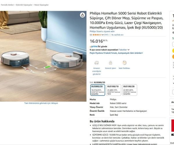 Philips HomeRun 5000 Serisi Robot Elektrikli Süpürge, Çift Döner Mop, Süpürme ve Paspas, 10.000Pa Emiş Gücü, Lazer Çizgi Navigasyon, HomeRun Uygulaması, İpek Beji (XU5000/20)
