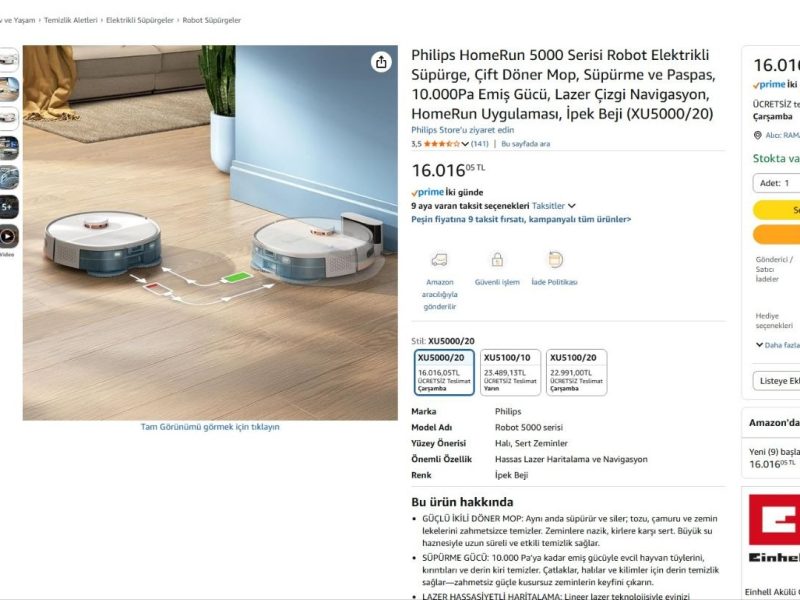 Philips HomeRun 5000 Serisi Robot Elektrikli Süpürge, Çift Döner Mop, Süpürme ve Paspas, 10.000Pa Emiş Gücü, Lazer Çizgi Navigasyon, HomeRun Uygulaması, İpek Beji (XU5000/20)