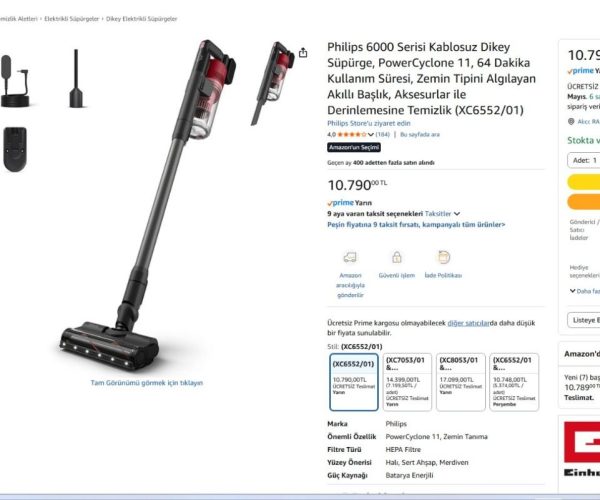 Philips 6000 Serisi Kablosuz Dikey Süpürge, PowerCyclone 11, 64 Dakika Kullanım Süresi, Zemin Tipini Algılayan Akıllı Başlık, Aksesurlar ile Derinlemesine Temizlik (XC6552/01)