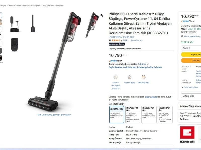 Philips 6000 Serisi Kablosuz Dikey Süpürge, PowerCyclone 11, 64 Dakika Kullanım Süresi, Zemin Tipini Algılayan Akıllı Başlık, Aksesurlar ile Derinlemesine Temizlik (XC6552/01)