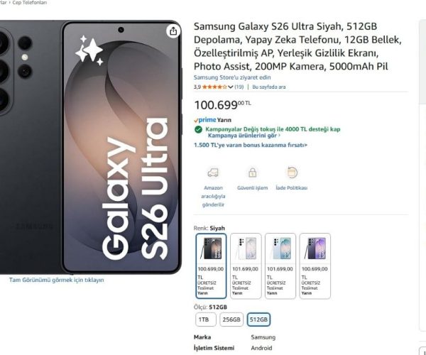 Samsung Galaxy S26 Ultra Siyah, 512GB Depolama, Yapay Zeka Telefonu, 12GB Bellek, Özelleştirilmiş AP, Yerleşik Gizlilik Ekranı, Photo Assist, 200MP Kamera, 5000mAh Pil
