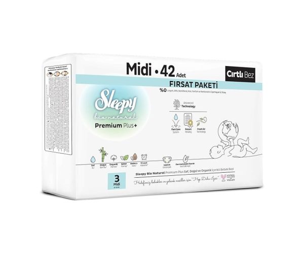 🛍️ Sleepy Bio Natural Premium Plus Fırsat Paketi Bebek Bezi 3 Numara Midi 42 Adet