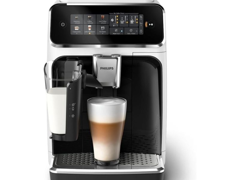 Philips Serisi 3300 Tam Otomatik Espresso Makinesi LatteGo Süt Sistemi ile, 6 Kahve Çeşidi, SilentBrew Teknolojisi, AquaClean Filtre – Beyaz & Parlak Siyah (EP3343/50)