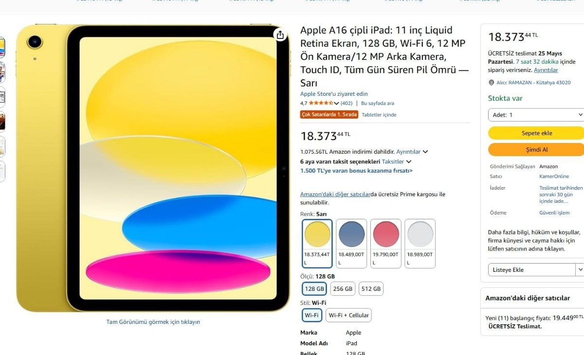 Apple A16 çipli iPad: 11 inç Liquid Retina Ekran, 128 GB, Wi-Fi 6, 12 MP Ön Kamera/12 MP Arka Kamera, Touch ID, Tüm Gün Süren Pil Ömrü — Sarı