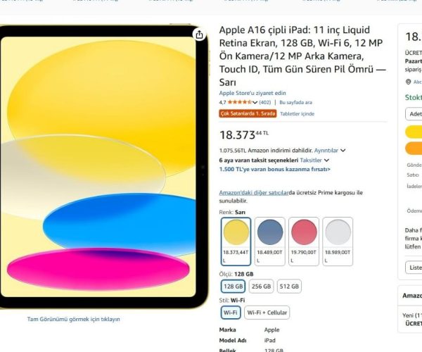 Apple A16 çipli iPad: 11 inç Liquid Retina Ekran, 128 GB, Wi-Fi 6, 12 MP Ön Kamera/12 MP Arka Kamera, Touch ID, Tüm Gün Süren Pil Ömrü — Sarı