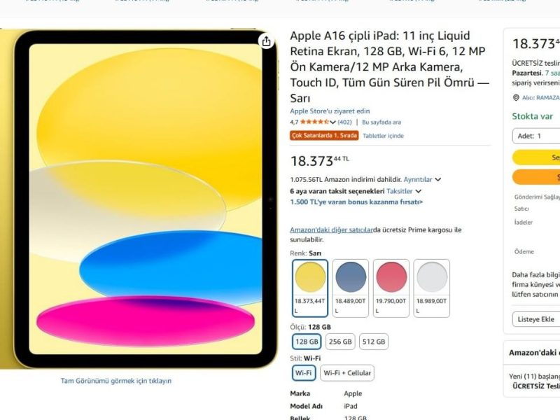 Apple A16 çipli iPad: 11 inç Liquid Retina Ekran, 128 GB, Wi-Fi 6, 12 MP Ön Kamera/12 MP Arka Kamera, Touch ID, Tüm Gün Süren Pil Ömrü — Sarı