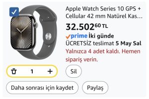 Apple Watch Series 10 GPS + Cellular 42 mm Natürel Kasa Akıllı Saat ve Taş Grisi Spor Kordon – S/M. Fitness Takibi, EKG uygulaması, Hep Açık Retina Ekran, Suya Dayanıklı Tasarım