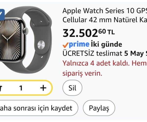 Apple Watch Series 10 GPS + Cellular 42 mm Natürel Kasa Akıllı Saat ve Taş Grisi Spor Kordon – S/M. Fitness Takibi, EKG uygulaması, Hep Açık Retina Ekran, Suya Dayanıklı Tasarım