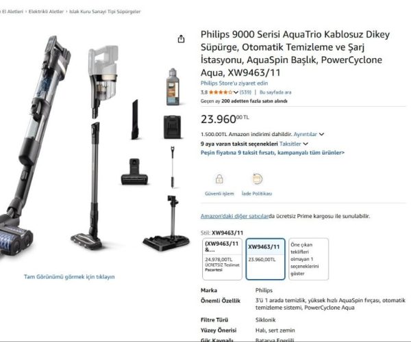 Philips 9000 Serisi AquaTrio Kablosuz Dikey Süpürge, Otomatik Temizleme ve Şarj İstasyonu, AquaSpin Başlık, PowerCyclone Aqua, XW9463/11