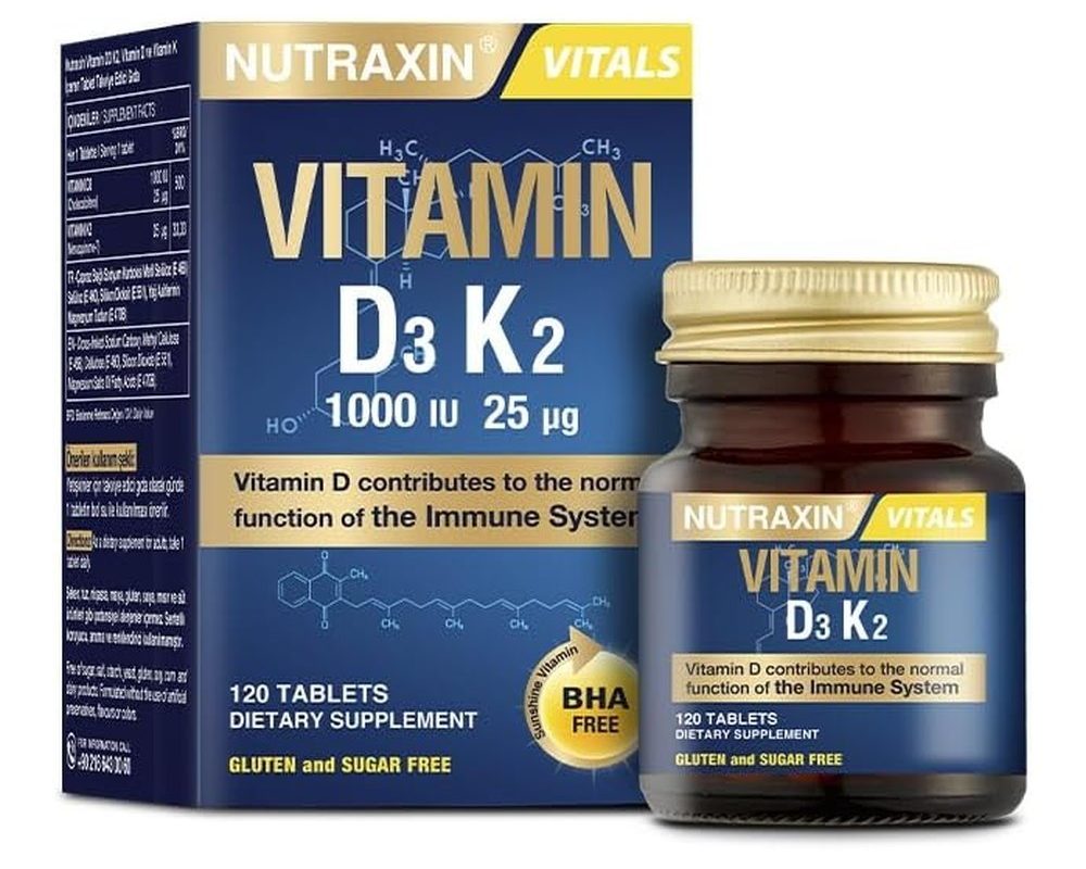 Nutraxin D3K2 120 Tablet – 1000 Iu D3 Vitamini, 25 Mcg K2 Vitamini