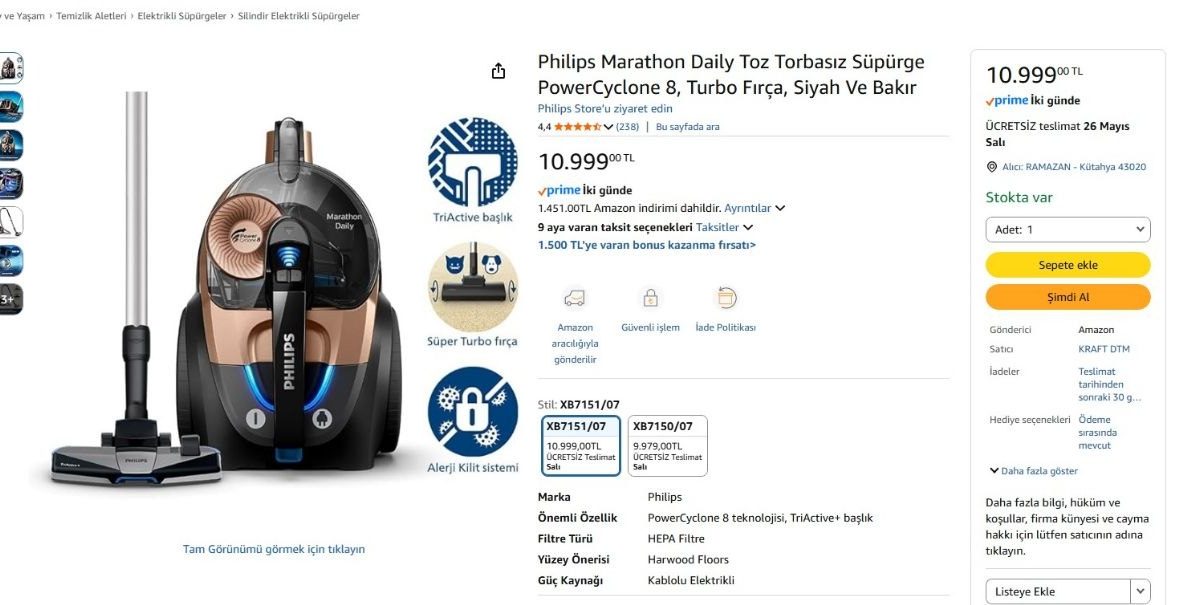 Philips Marathon Daily Toz Torbasız Süpürge PowerCyclone 8, Turbo Fırça, Siyah Ve Bakır