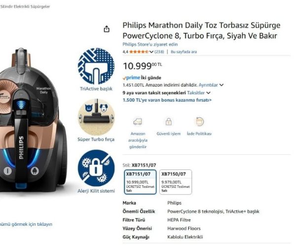 Philips Marathon Daily Toz Torbasız Süpürge PowerCyclone 8, Turbo Fırça, Siyah Ve Bakır